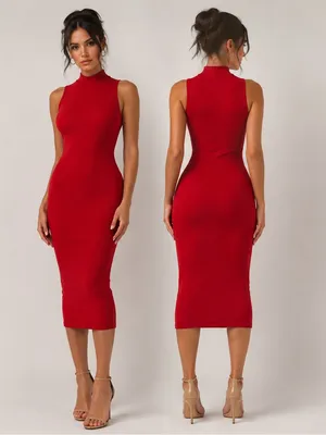 Red Ribbed Bodycon Mini Dress XS Sleeveless Mock Neck Stretch Fitted Chic thumbnail 2