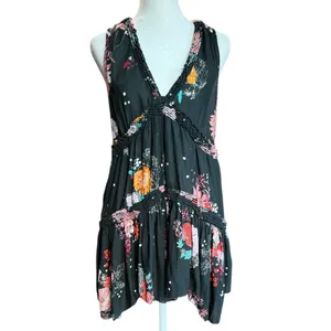 Free People “Purple Haze” Black Floral V Neck Tunic‎ Top Sz XS thumbnail 3
