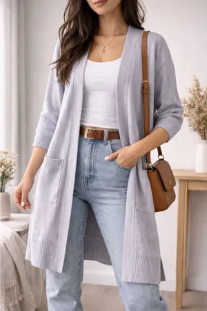 Debut Cardigan Women's Small Gray Open Front Long Knit Duster Pockets Minimalist thumbnail 1