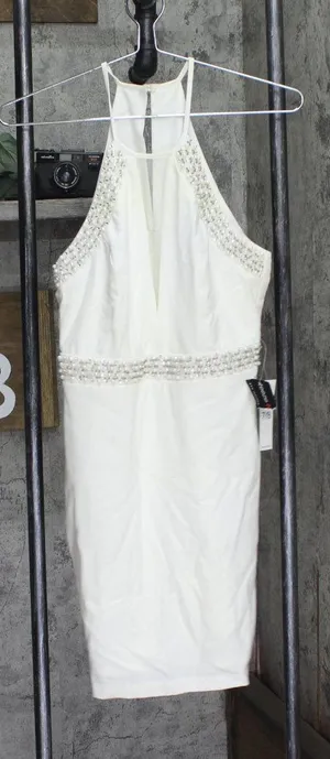 Teeze Me Juniors Embellished Illusion Sheath Dress H161252 Cream Off White 7/8 thumbnail 1