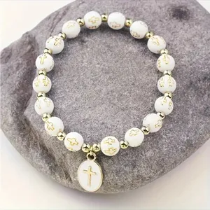 White Stylish Elastic Beaded Cross Charm Bracelet‎ Enamel Oval Cross Beaded thumbnail 3