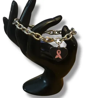 Silver tone breast cancer awareness ribbon heart charm bracelet thumbnail 2