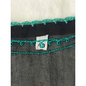 Boho‎ Floral Hand Embroidered Kurta Tunic Top Black Turquoise Scallop Trim M/L thumbnail 6