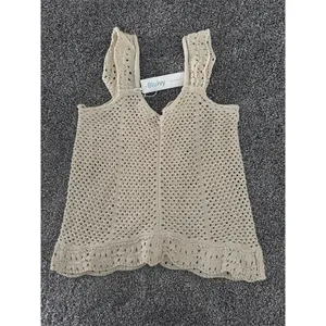BluiVy Tank Top Womens M Beige Crochet Openwork Lace-Up Ruffle Hem thumbnail 3