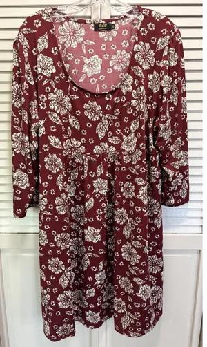 R&B Collection Floral Midi Dress‎ Size 3XL 3/4 Sleeve Scoop Burgundy/Cream Boho thumbnail 1