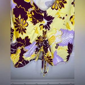Anthropologie Maeve Purple and Yellow Floral Flutter Sleeve Cinched Top thumbnail 3