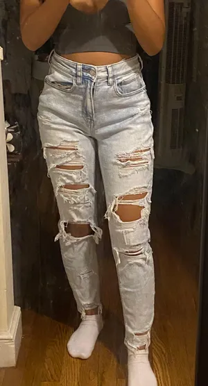 American Eagle stretch light wash ripped mom jeans thumbnail 1