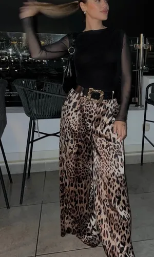 Zara Leopard-Print Wide-Leg Pants in Brown and Black thumbnail 1