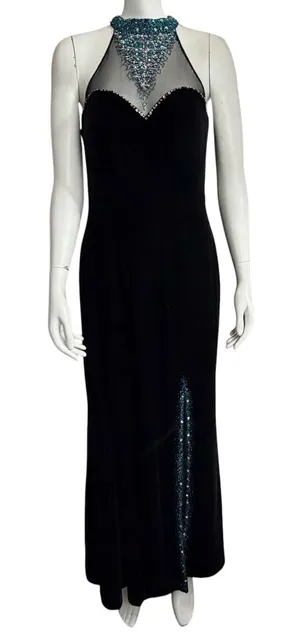 Vintage Black Velvet Evening Gown with Beaded High Neck and Mesh Detailing thumbnail 1