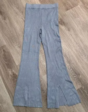 Abercrombie & Fitch Flare Leg Slit Knit Pants Blue Medium Lounge Ribbed thumbnail 1