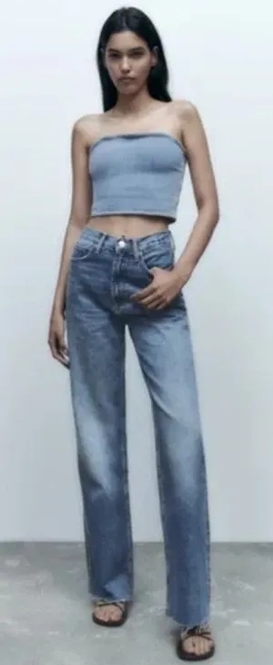 Zara Jeans Size 2 Wide Straight Leg Long High Rise Raw Hem Rigid Denim Cotton thumbnail 1