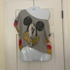 🩷 3/$18 Disney Mickey Mouse colorblock midriff crop top gray colorful thumbnail 2