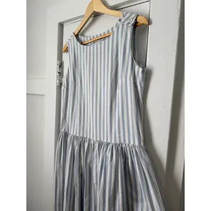 Vintage Blue White Striped Sleeveless Midi Dress Button Shoulder Drop Waist thumbnail 6