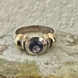 Unique Sterling Silver & 14K Gold Ring with Blue Faceted Stone thumbnail 4