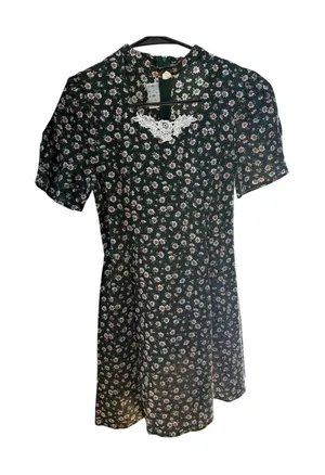 Vintage The Limited Green Floral Woven Mini Bodycon Dress Lace Trim Short Sleeve thumbnail 1