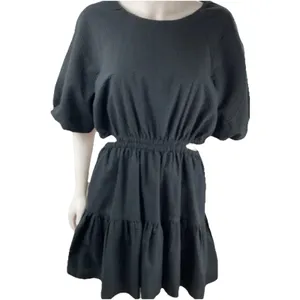 Madewell Seersucker Back Cutout Summer Dress Button Back Puff Sleeve Black‎ L thumbnail 4