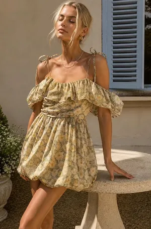 En Saison Blaine Off Shoulder Mini Dress in Buttercup Sage Small $138 thumbnail 1