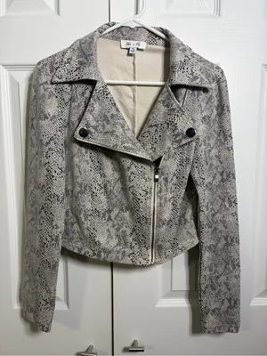 She + sky Snake-Print Cropped Moto Jacket in Taupe/Black size medium thumbnail 1