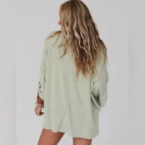 NEW Pale Green Ribbed Oversized Slouchy Roll Tab Sleeve Top Size Small thumbnail 2