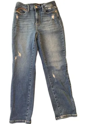 Judy Blue Straight Leg Denim Jeans Rainbow Embroidery Style JB88438 MD Size 29 thumbnail 1