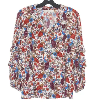 Loft Top Peacock Ruffle Boho Romantic Cottagecore Tiered Sleeve Floral Medium thumbnail 1