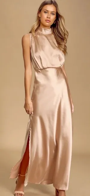 New Lulus Maxi Dress S Champagne Satin Mock Neck Sleeveless Side Slit Prom Gala‎ thumbnail 1