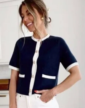 Abercrombie & Fitch Navy Ivory Contrast Trim Short Sleeve Cardigan Small thumbnail 1