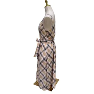 Hope & Henry Plaid Midi Dress 10 Tan‎ Organic Cotton Belted V-Neck A Line thumbnail 3