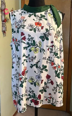 Ann Taylor botanical print sleeveless top with decorative tie size L thumbnail 1