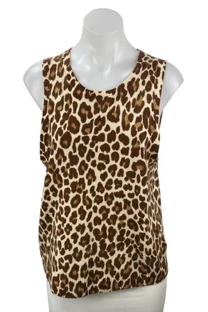 J.Crew Beige Leopard 100% Cashmere Sleeveless Knit Sweater Vest Tank Top Size L thumbnail 1