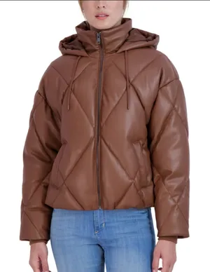 SEBBY Collection Faux Leather Short Crop Puffer Jacket In Toffee Size L. thumbnail 1