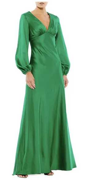 Mac Duggal Long Sleeve Empire Waist Satin Gown Maxi Dress Emerald Green 6 thumbnail 1