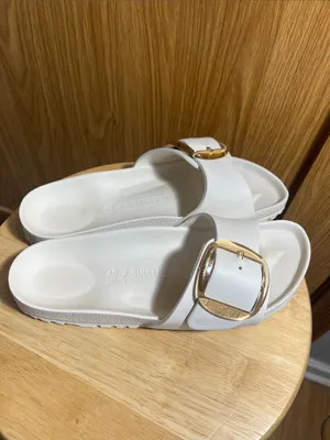 Birkenstock White Slide Sandals with Gold Buckle thumbnail 4