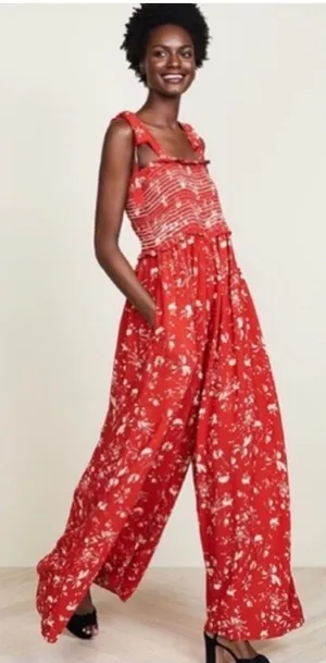 Free People Red Floral Smocked Wide‎ Leg Jumpsuit Tie Shoulder Straps Medium thumbnail 1