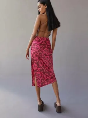 Urban Outfitters Pink and Brown Patterned Satin Slip Midi Skirt with Slit thumbnail 4