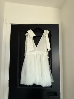 Showpo NWT NWT Karalyn mini dress- bow strap plunge pearl detail size 6 thumbnail 4