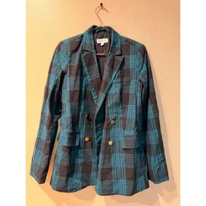 Free Assembly Womens Blazer S Teal Black Plaid Double Breasted Gold Buttons thumbnail 3