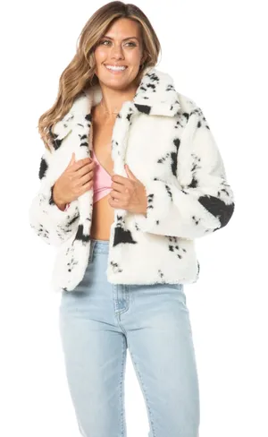 Juicy Couture Women’s Spotted Faux Fur Jacket White Black Cow Print Large Coat thumbnail 1