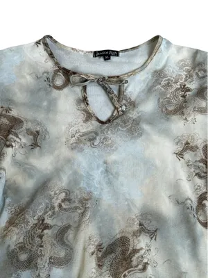 Vintage Semi Sheer Mesh Overlay Y2K Dragon Print Top Fairy Grunge Cyber Girl thumbnail 2