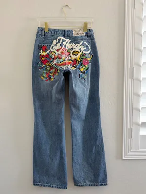 Ed Hardy Y2K Tattoo Snake Painted Tiger Koi Fish Oversized Wide Leg Jeans Sz 26 thumbnail 5