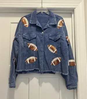 Women’s Blue Size Large Sequin football Game Day corduroy Fringe Jacket Coat thumbnail 1