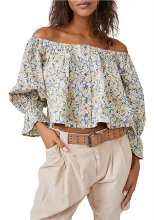 Free People James Blouse Womens Medium Multicolor Floral Off Shoulder Cropped thumbnail 1