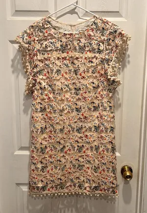 Revolve Tularosa Floral Guipure Lace Pom Pom Trim Mini Shift Dress Cream Large‎ thumbnail 1
