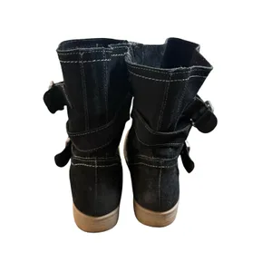 Roan Lola‎ Black Suede Moto Boots Womens 7 Buckle Mid Calf Side Zip Distressed thumbnail 3