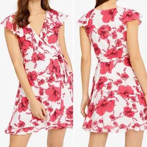 Free People French Quarter Wrap Mini Dress Cream Combo XS Floral Ruffle thumbnail 2