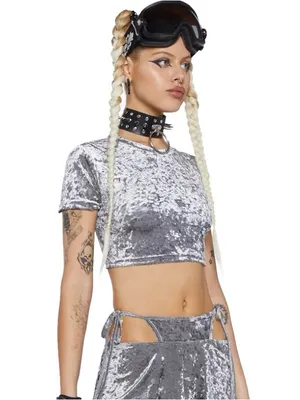 Dolls Kill Club Exx Sassy Solar Silver Crushed Velvet Crop Top Size Large thumbnail 3