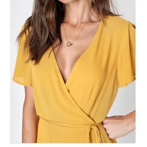 NWT Lulus Harbor Point Mustard Yellow Flutter-Sleeve‎ Mini Wrap Dress MEDIUM thumbnail 2