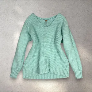 Free People Sunset V-Neck Pullover Sweater Women's M Blue Chunky Knit Boho Cozy thumbnail 2