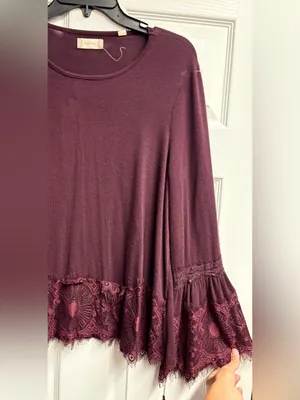 NWOT Altar’d State Maroon Blouse W/ Bell Sleeves & Lace Detail Size Large thumbnail 3