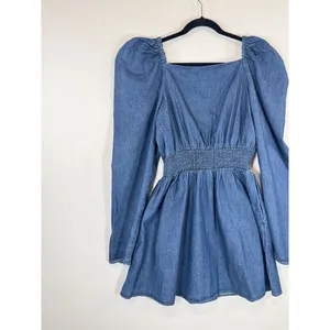Free People Womens Dress Molly Mini Chambray Puff Sleeve Smocked A Line Large thumbnail 8